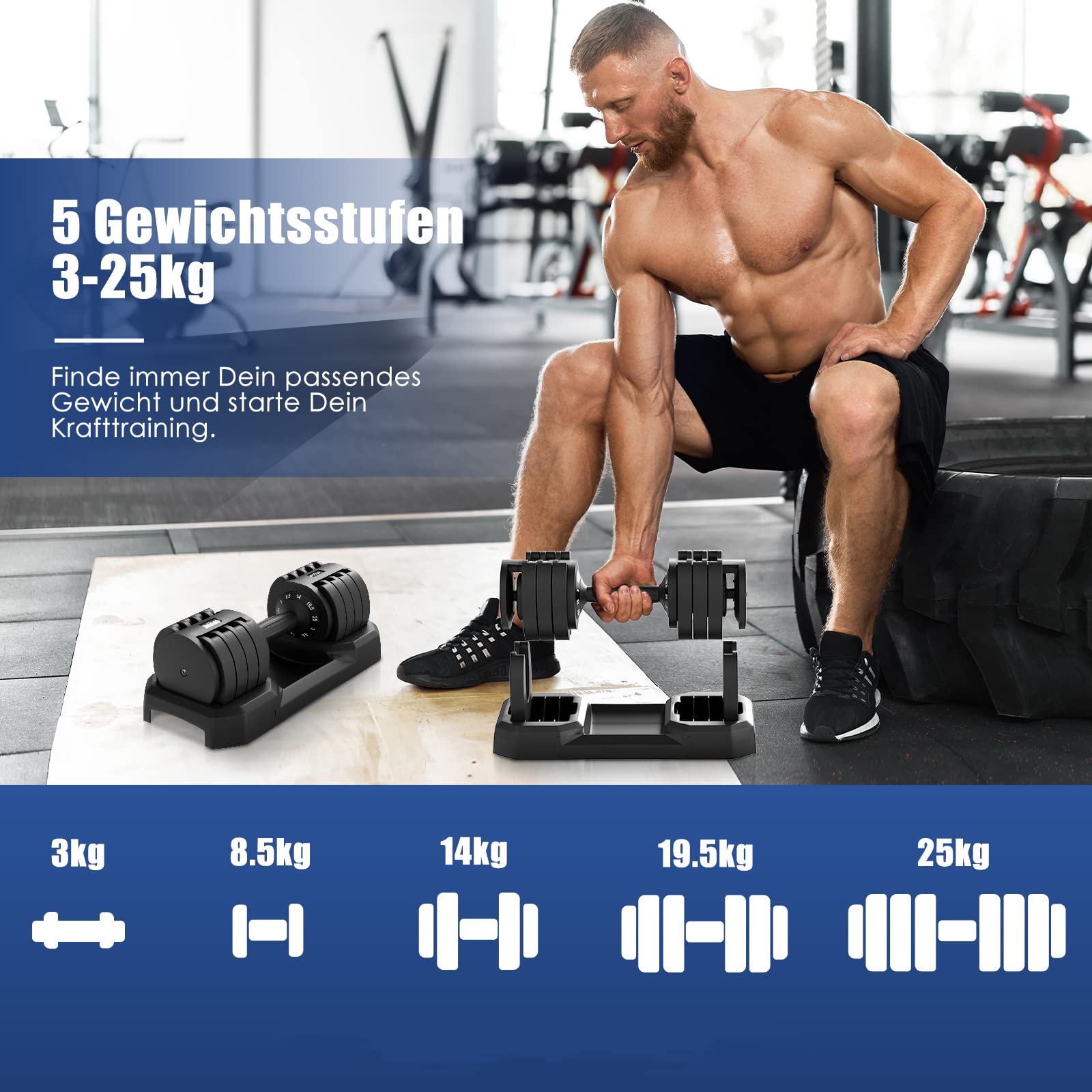 DH FitLife verstellbare Hanteln 3 bis 25 KG mit Abstellbasis für Frauen & Männer Krafttraining, Kurzhanteln Set mit Hantelscheiben platzsparend für Heimtraining, variable Gewichte (25kg X 1)
