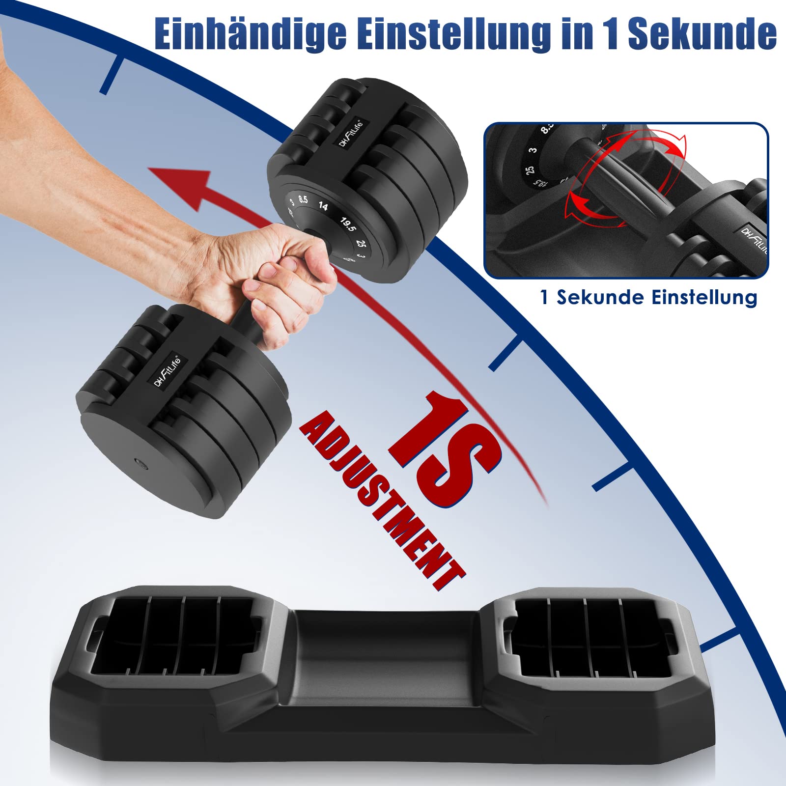 DH FitLife verstellbare Hanteln 3 bis 25 KG mit Abstellbasis für Frauen & Männer Krafttraining, Kurzhanteln Set mit Hantelscheiben platzsparend für Heimtraining, variable Gewichte (25kg X 1)
